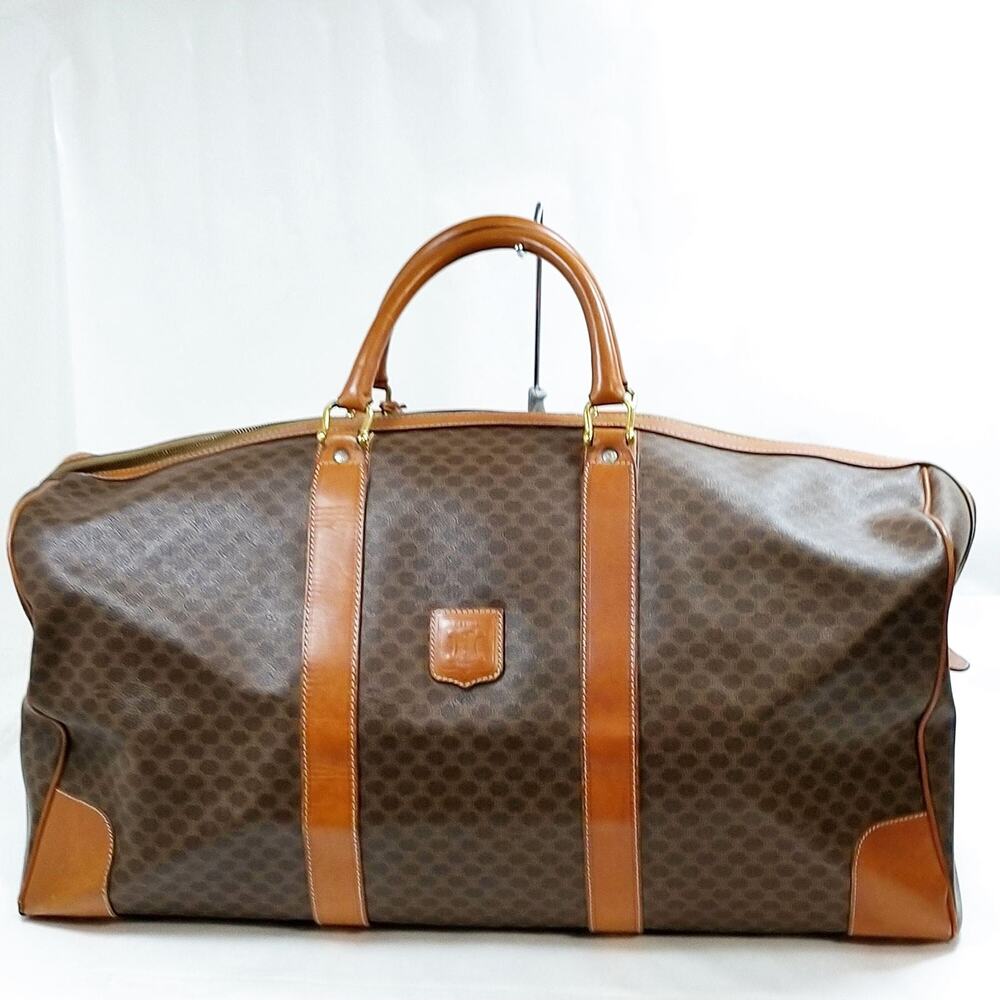 Celine Vintage Macadam Canvas Boston Travel Bag Brown